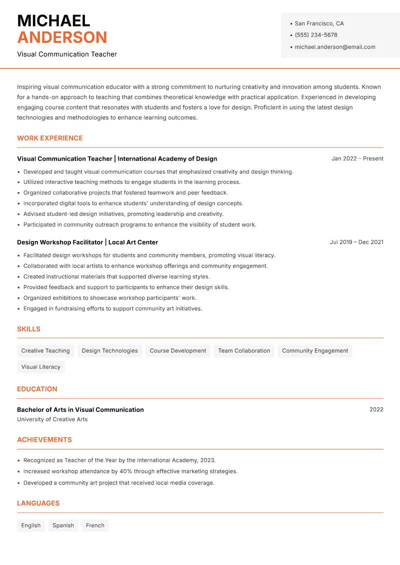 Visual Communication Educator resume sample — Visual Communication Teacher focus