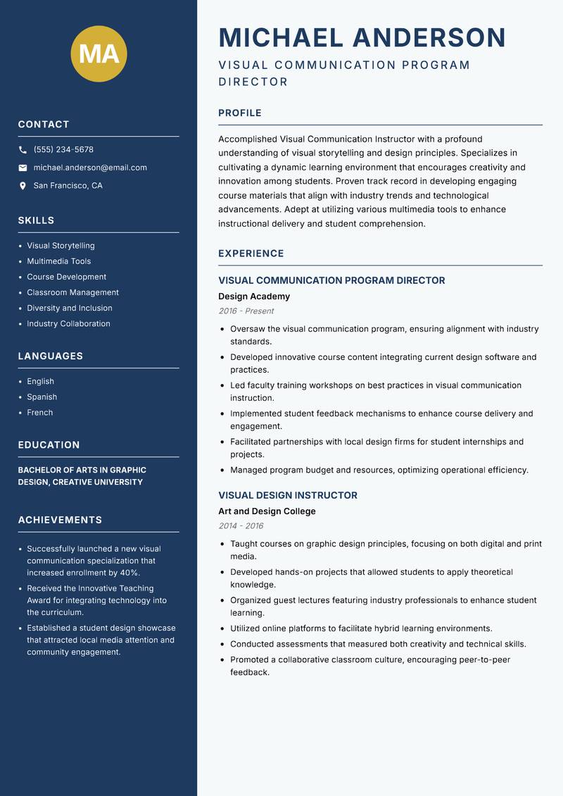 Visual Communication Instructor resume sample — Visual Communication Program Director focus