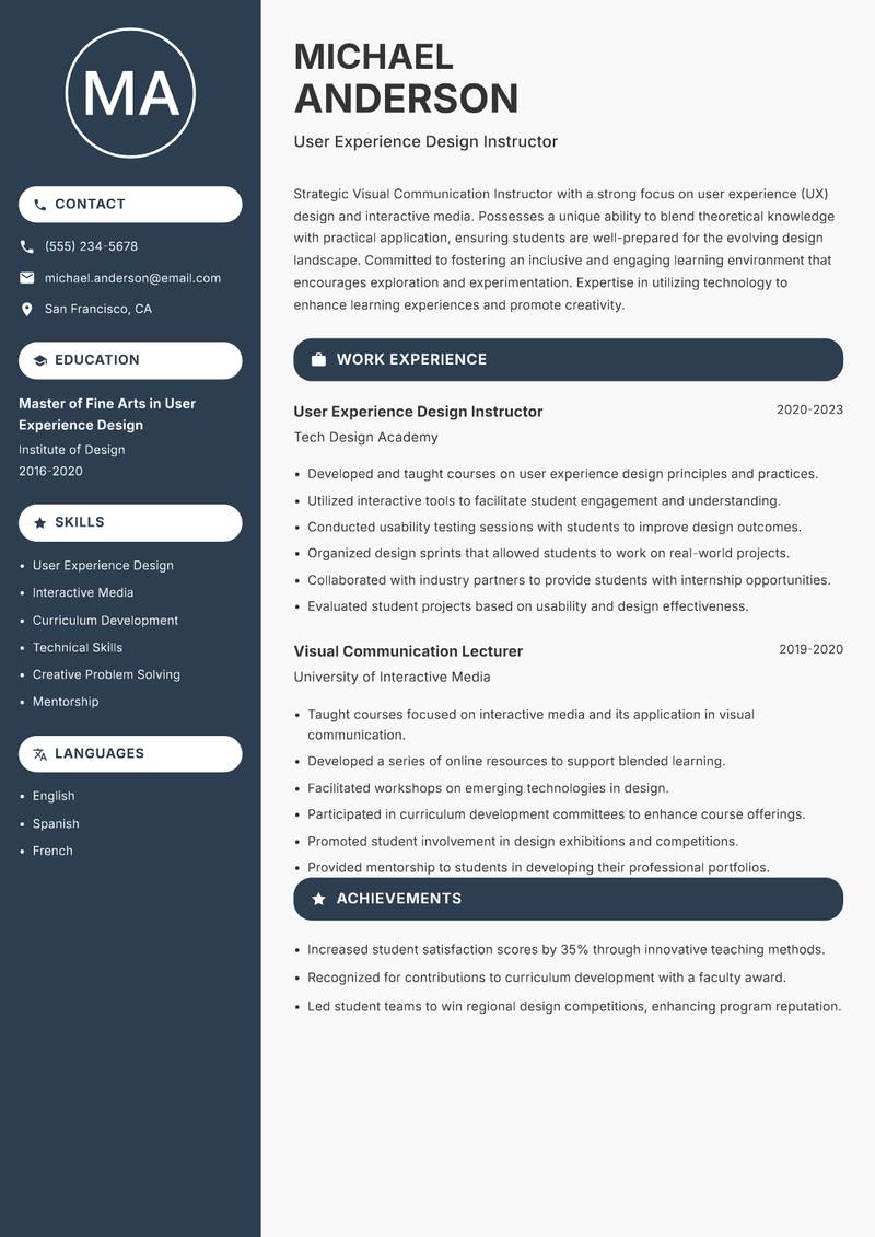 Visual Communication Instructor resume sample — User Experience Design Instructor focus