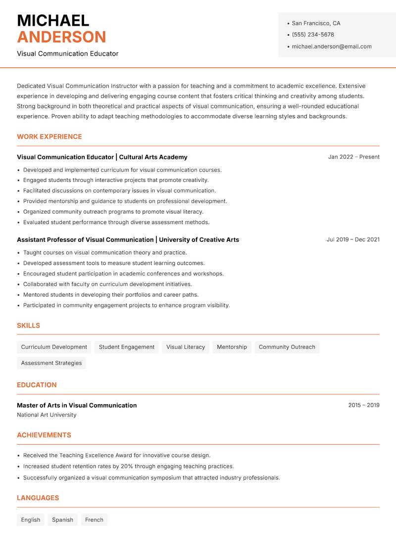 Visual Communication Instructor resume sample — Visual Communication Educator focus