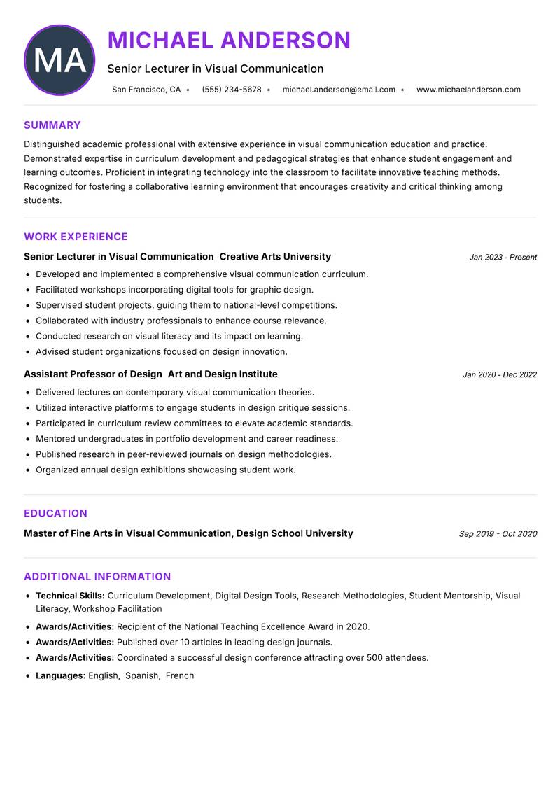 Visual Communication Lecturer resume example