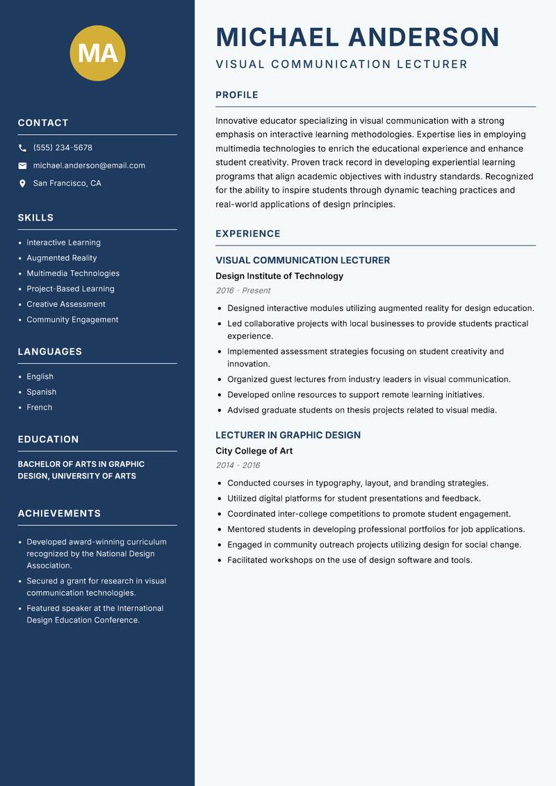 Visual Communication Lecturer resume sample — Visual Communication Lecturer focus