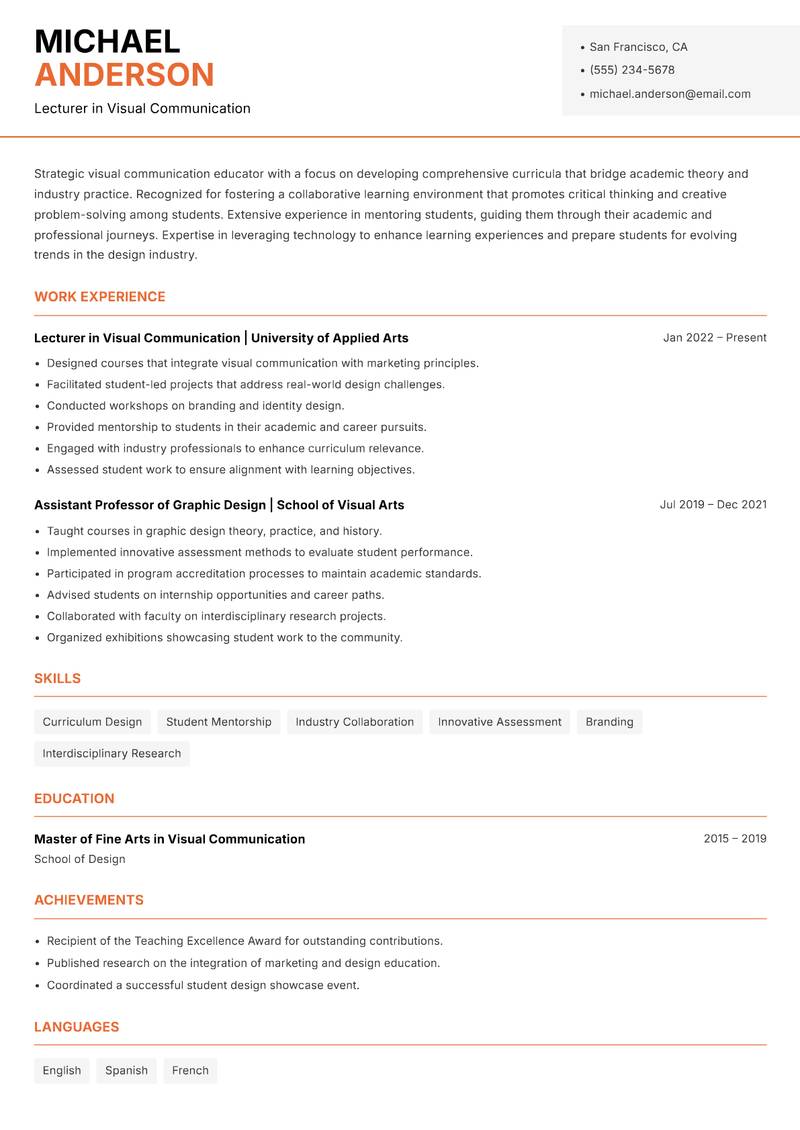 Visual Communication Lecturer resume sample — Lecturer in Visual Communication focus
