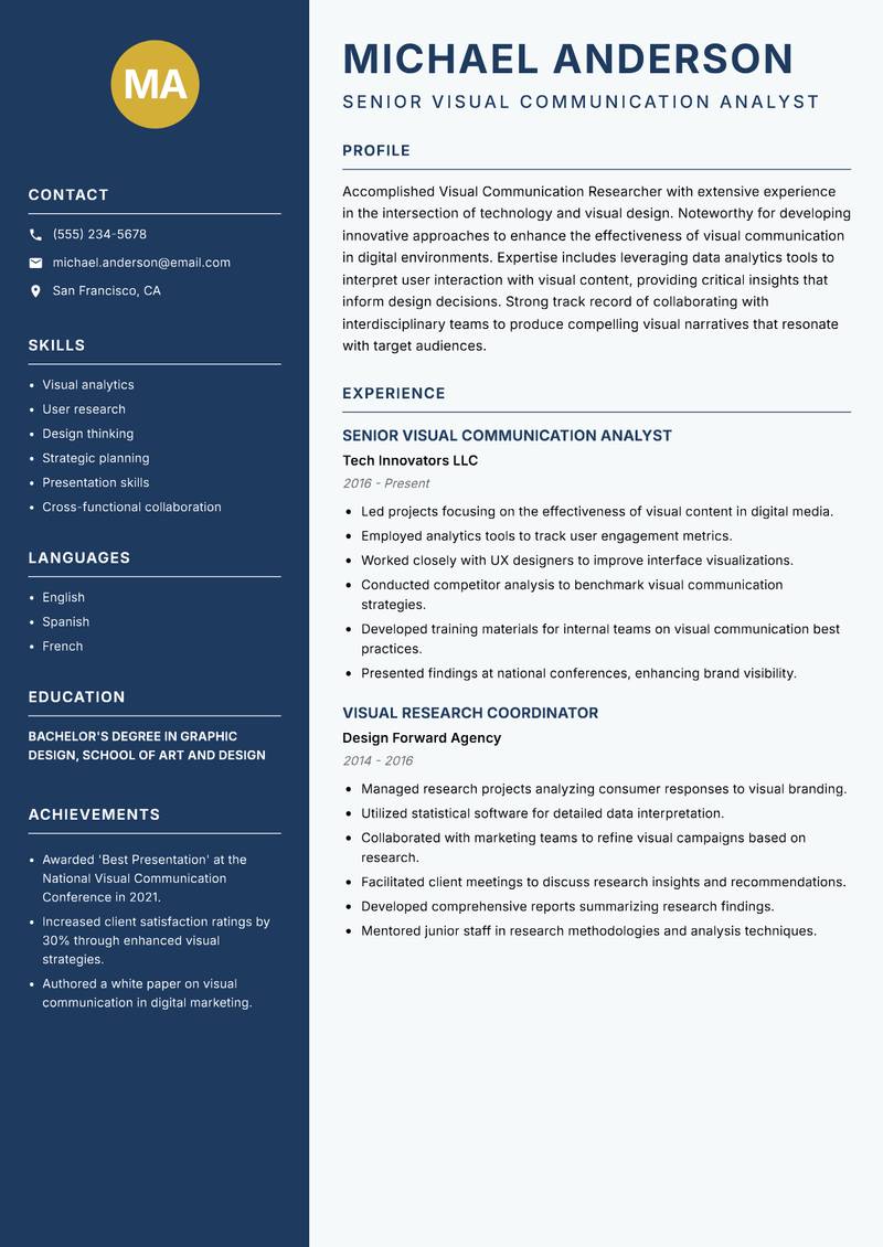 Visual Communication Researcher resume sample — Senior Visual Communication Analyst focus