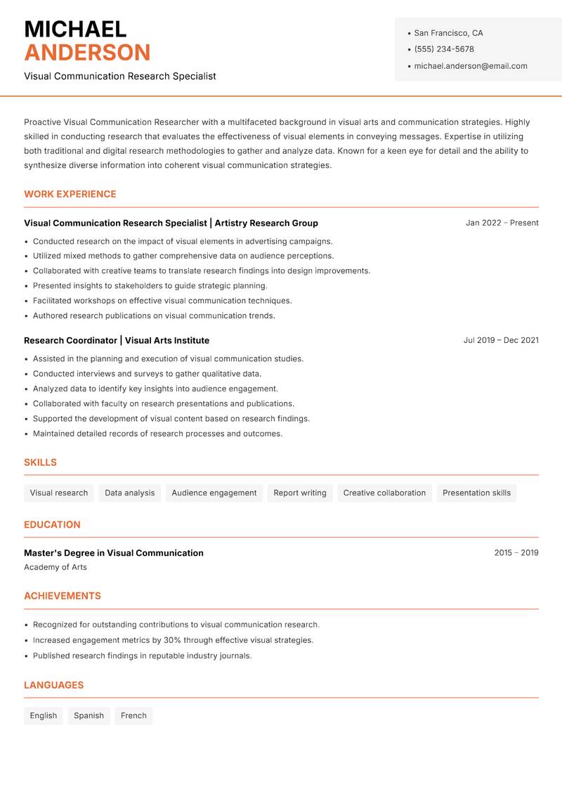 Visual Communication Researcher resume sample — Visual Communication Research Specialist focus