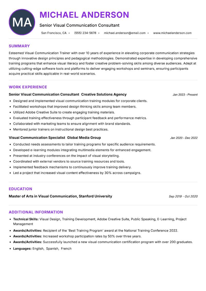 Visual Communication Trainer resume example