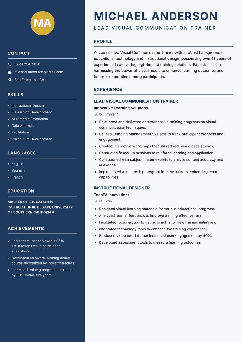 Visual Communication Trainer resume sample — Lead Visual Communication Trainer focus