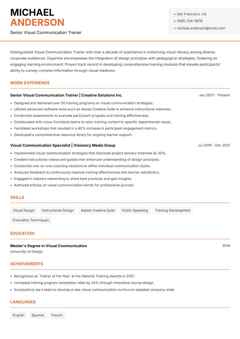 Visual Communication Trainer resume sample — Senior Visual Communication Trainer focus