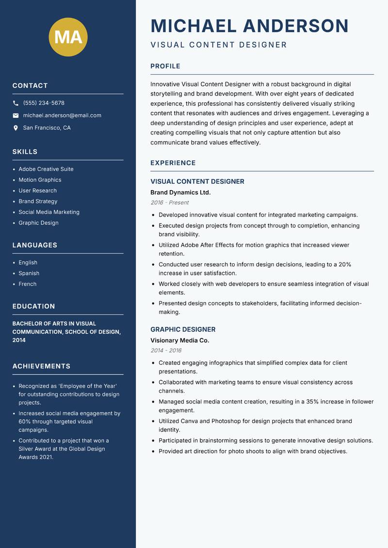 Visual Content Designer resume sample — Visual Content Designer focus