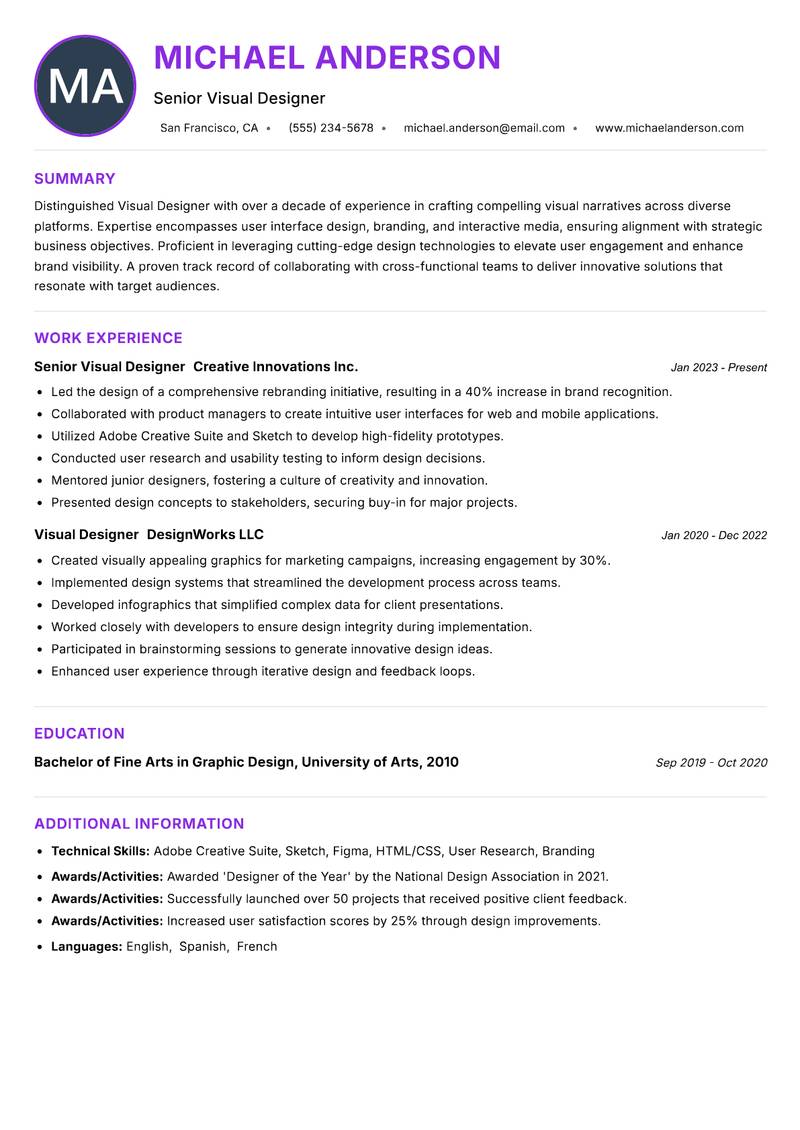 Visual Designer resume example