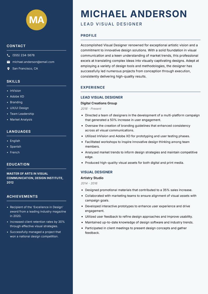 Visual Designer resume sample — Lead Visual Designer focus