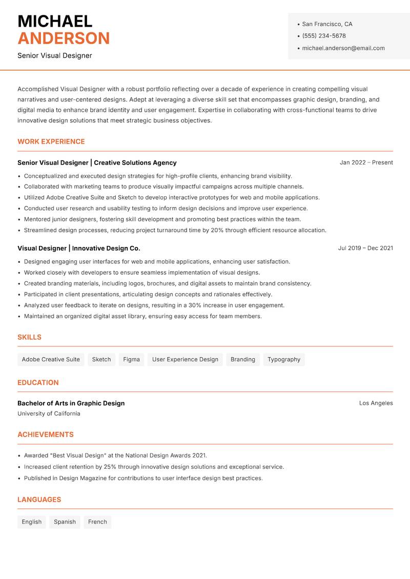 Visual Designer resume sample — Senior Visual Designer focus