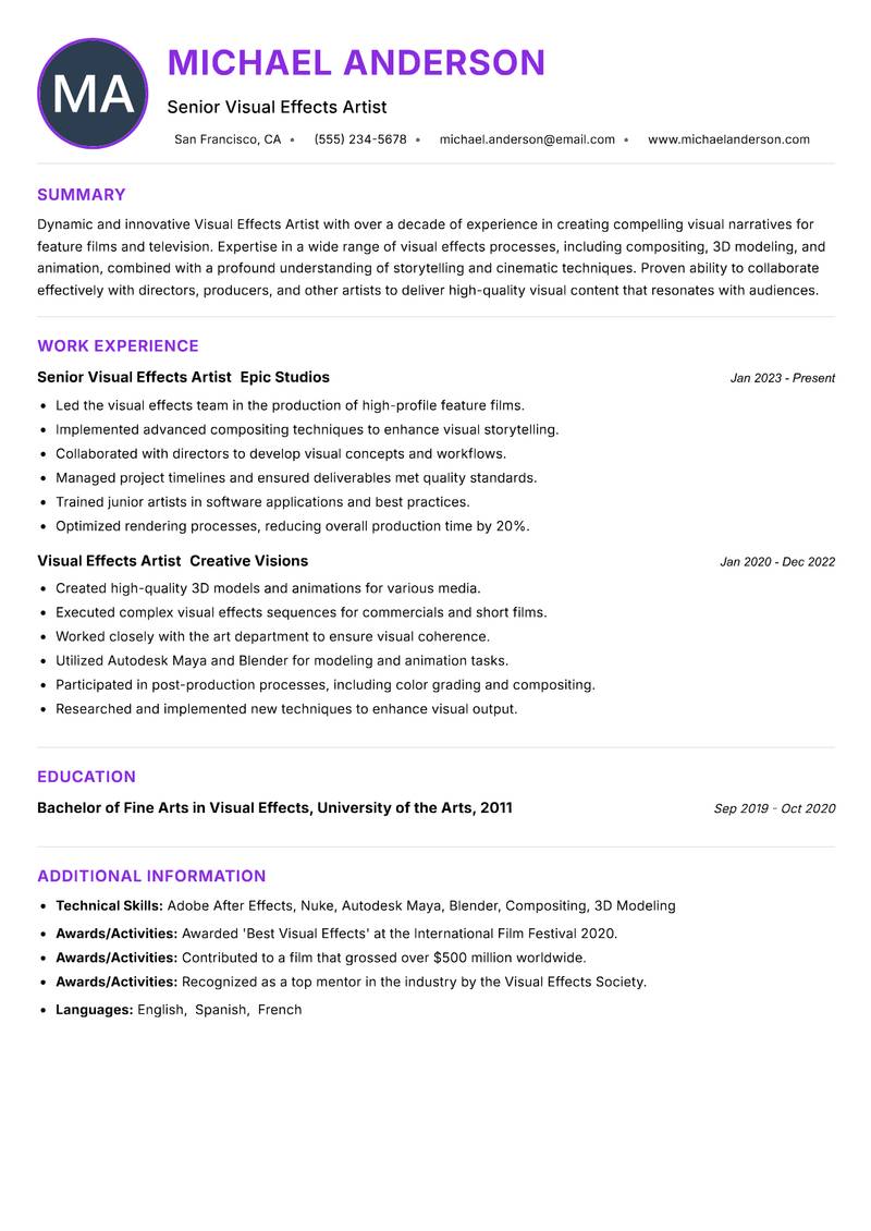 Visual Effects Artist resume example