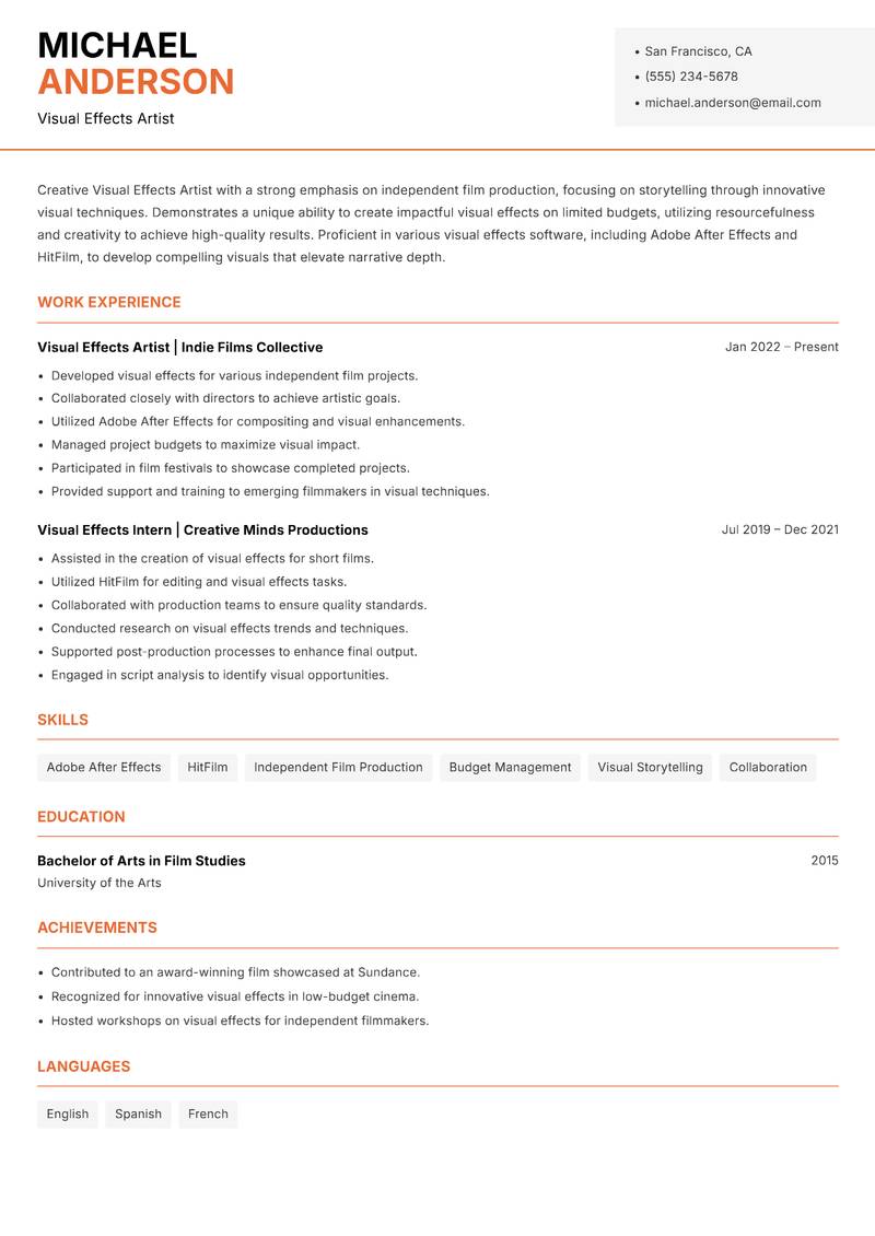 Visual Effects Artist resume sample — Visual Effects Artist focus