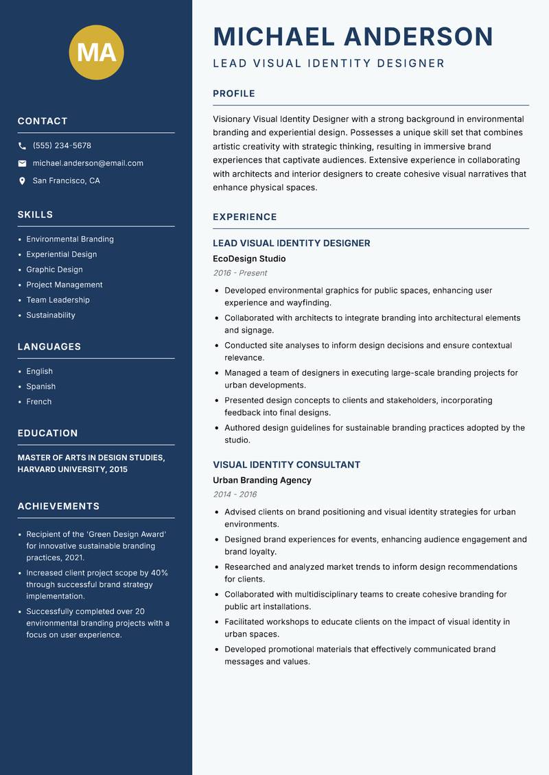 Visual Identity Designer resume sample — Lead Visual Identity Designer focus