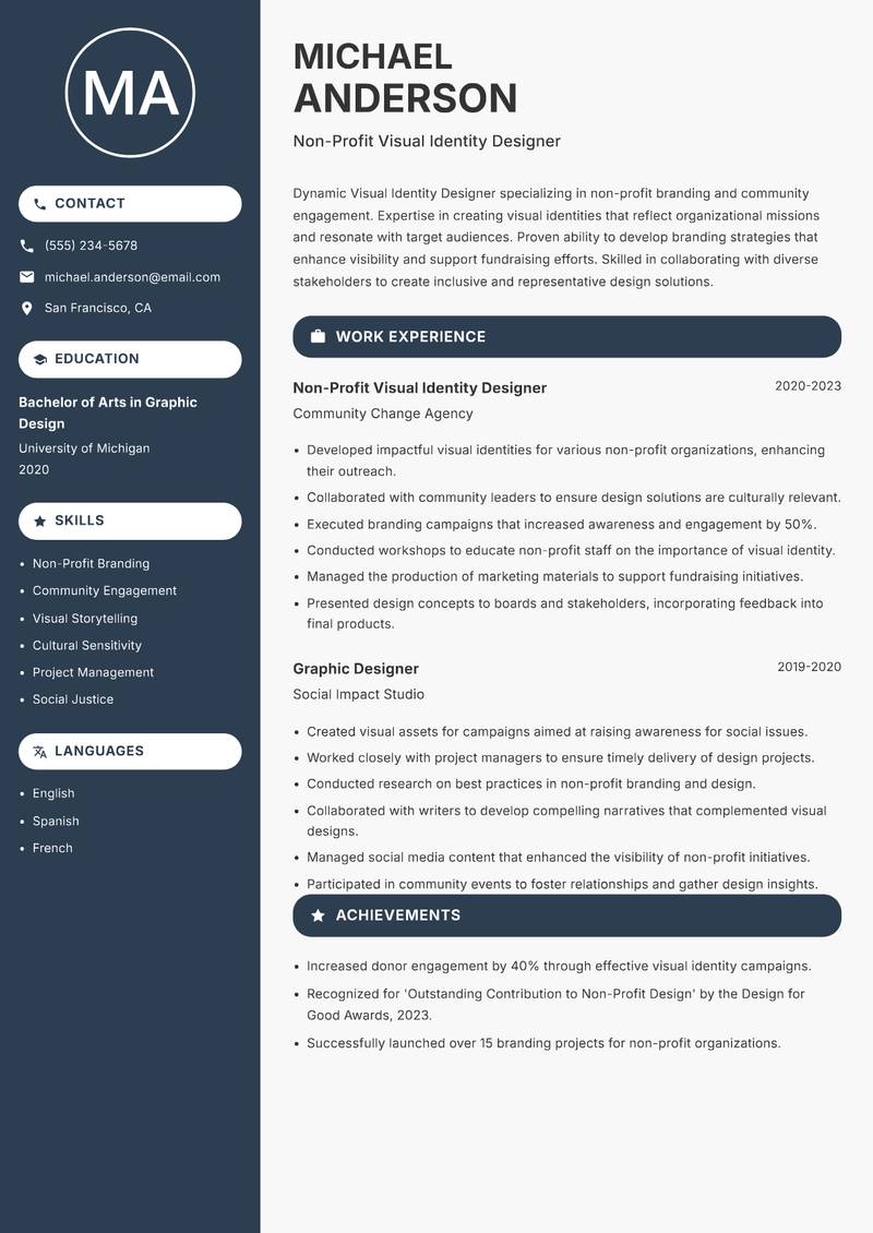 Visual Identity Designer resume sample — Non-Profit Visual Identity Designer focus