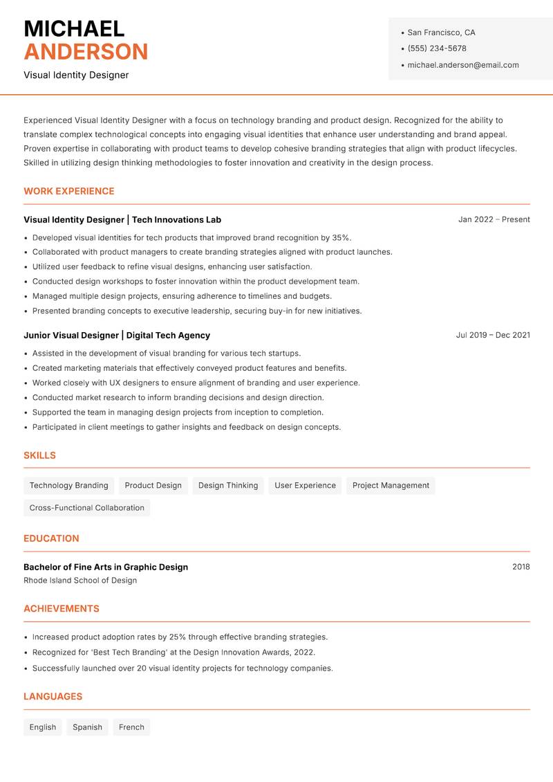 Visual Identity Designer resume sample — Visual Identity Designer focus