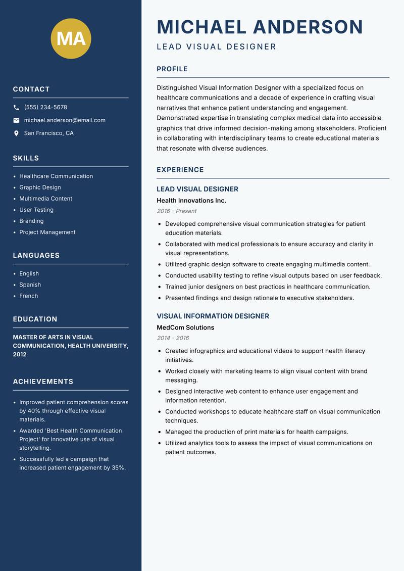 Visual Information Designer resume sample — Lead Visual Designer focus