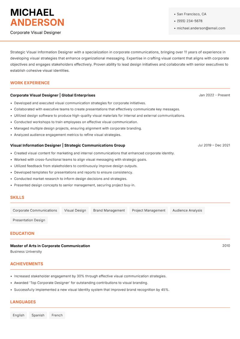 Visual Information Designer resume sample — Corporate Visual Designer focus