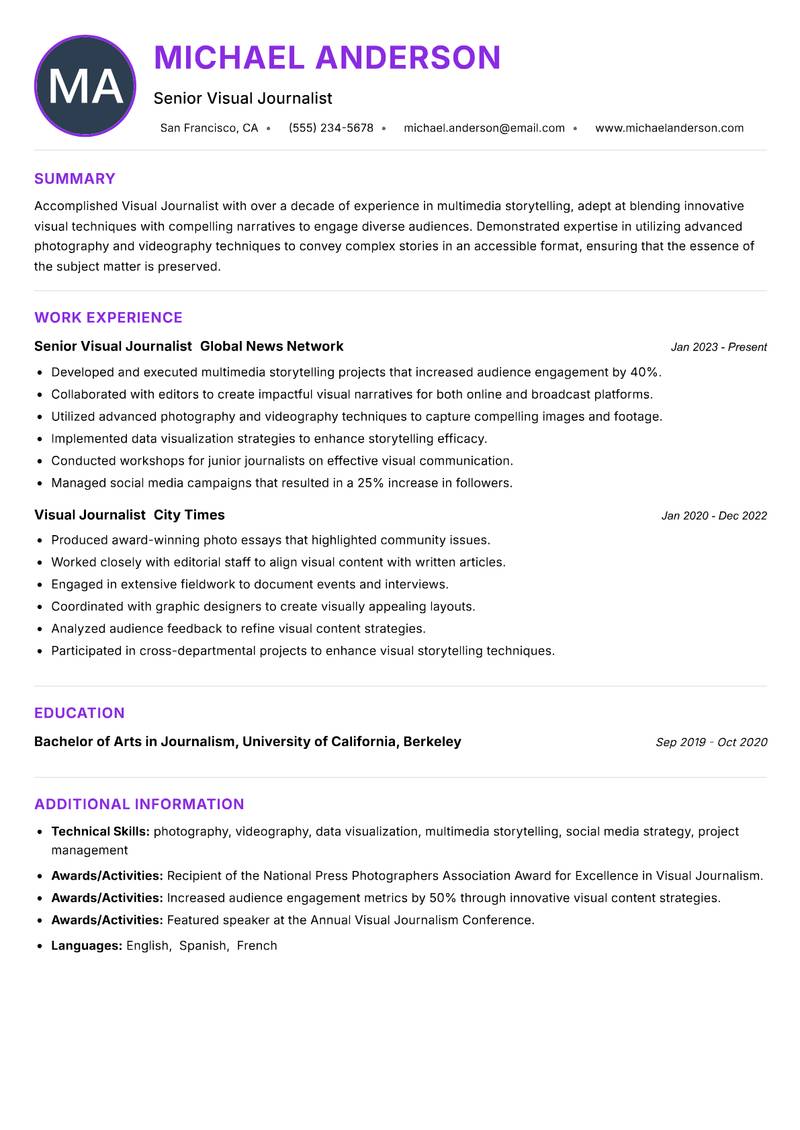 Visual Journalist resume example