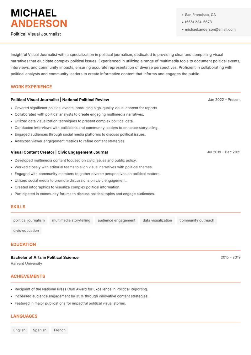 Visual Journalist resume sample — Political Visual Journalist focus