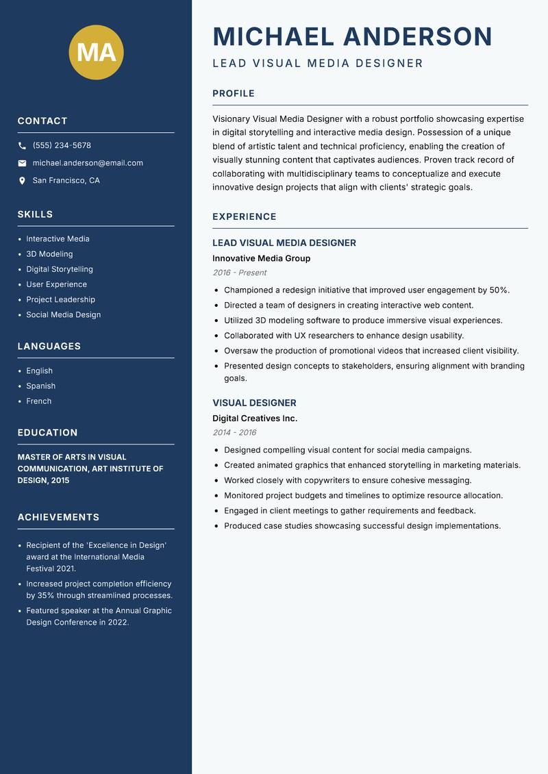 Visual Media Designer resume sample — Lead Visual Media Designer focus