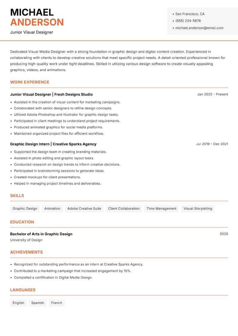 Visual Media Designer resume sample — Junior Visual Designer focus
