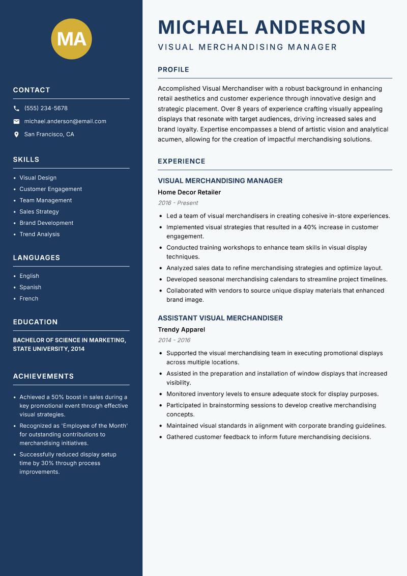 Visual Merchandiser resume sample — Visual Merchandising Manager focus