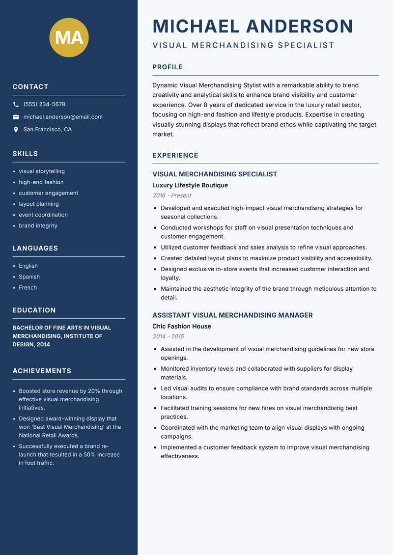 Visual Merchandising Stylist resume sample — Visual Merchandising Specialist focus