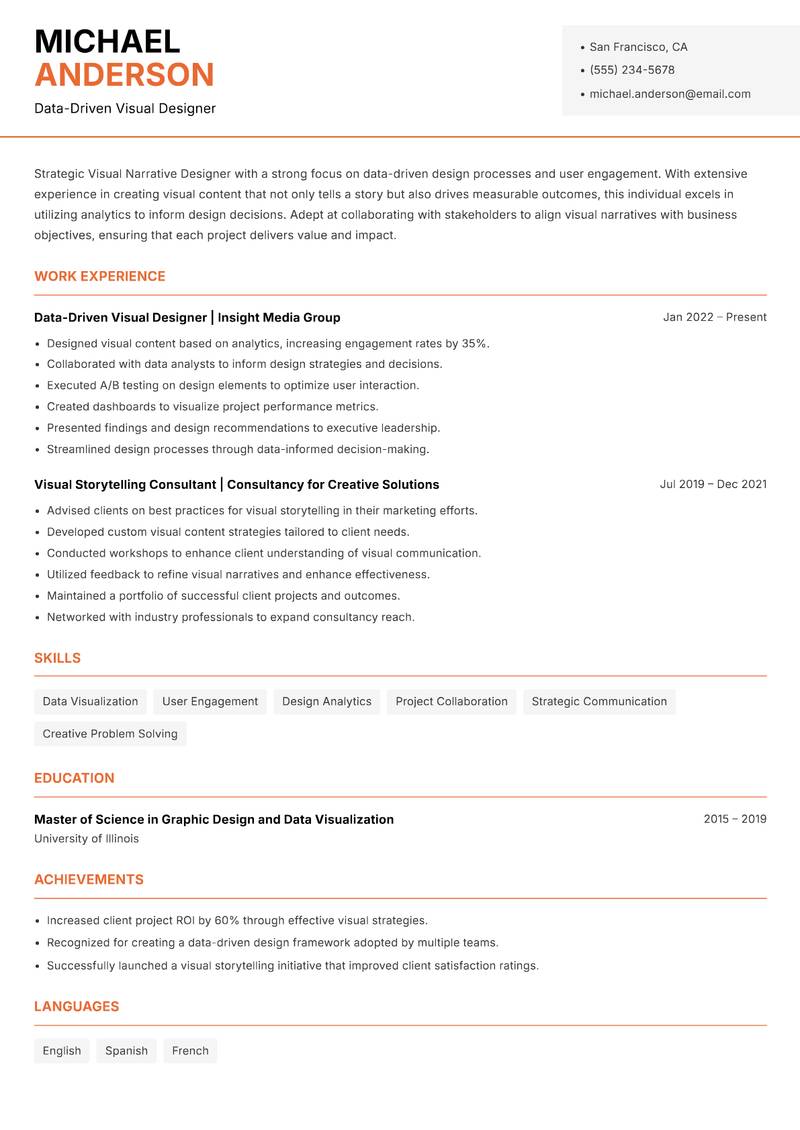 Visual Narrative Designer resume sample — Data-Driven Visual Designer focus