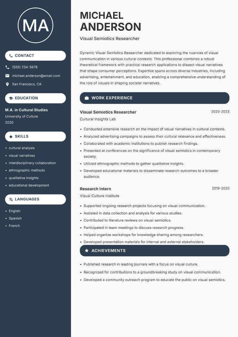 Visual Semiotics Researcher resume sample — Visual Semiotics Researcher focus