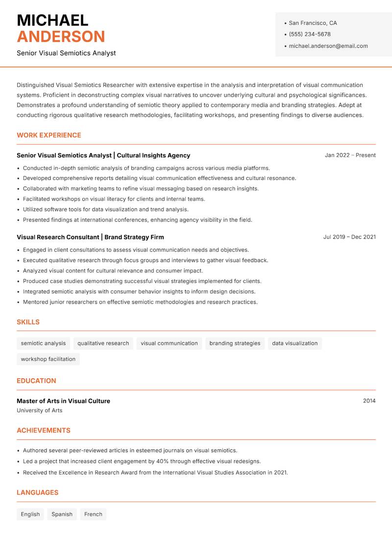 Visual Semiotics Researcher resume sample — Senior Visual Semiotics Analyst focus