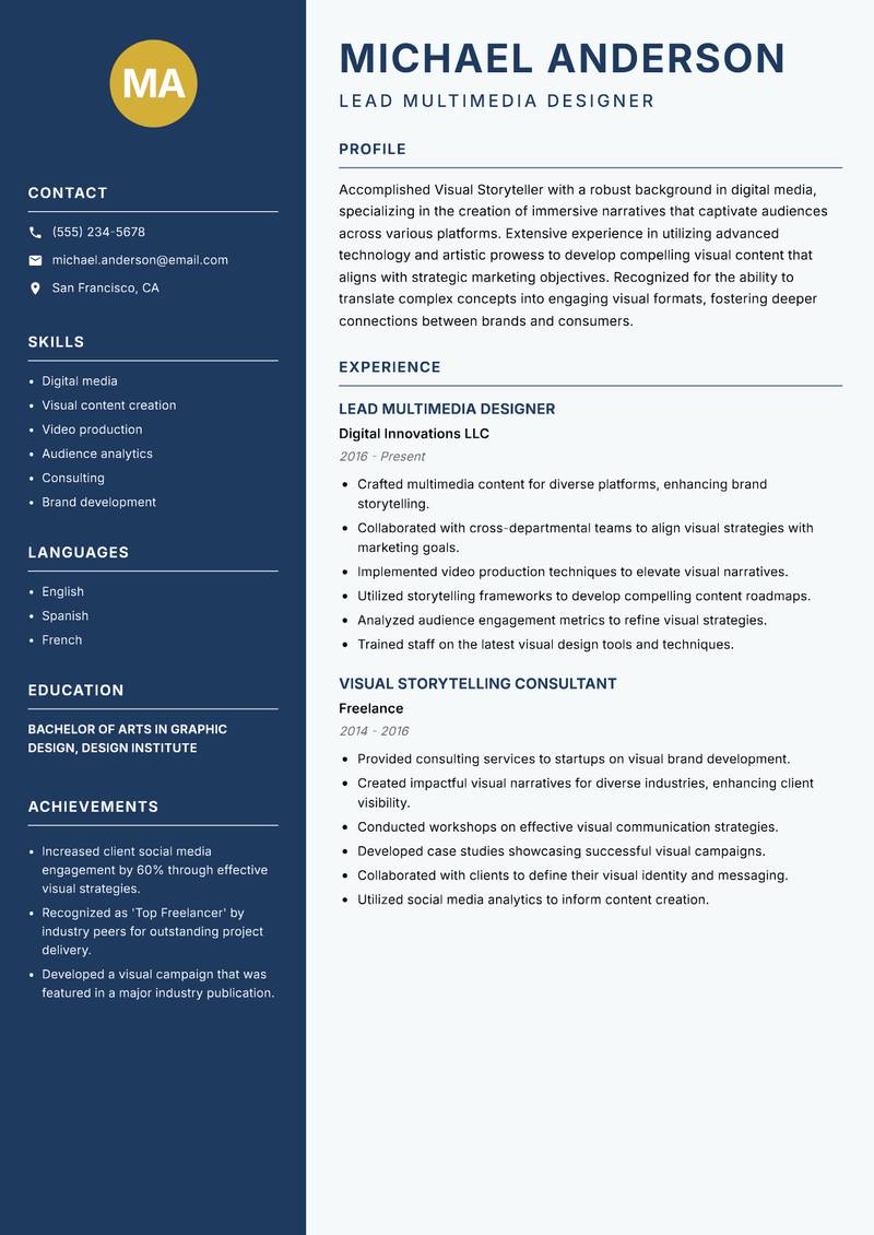 Visual Storyteller resume sample — Lead Multimedia Designer focus