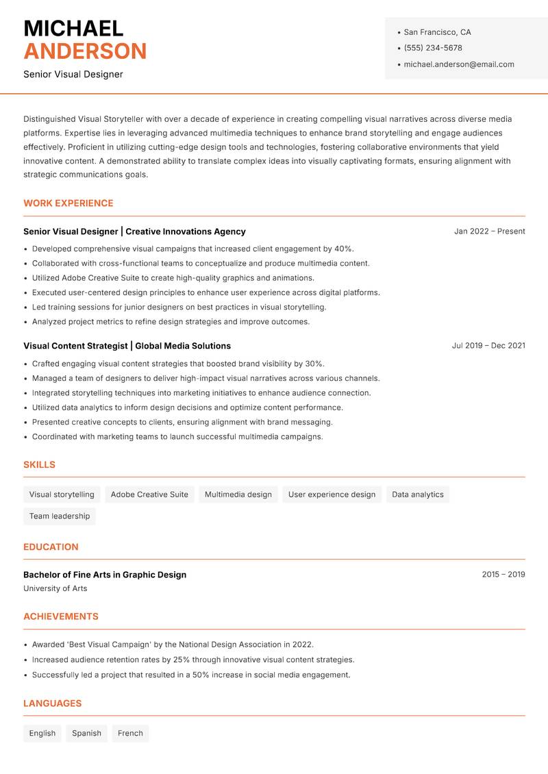 Visual Storyteller resume sample — Senior Visual Designer focus