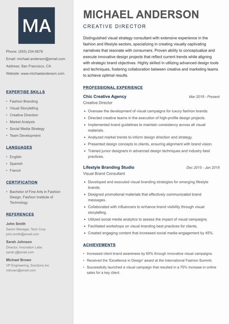 Visual Strategy Consultant resume sample — Creative Director focus
