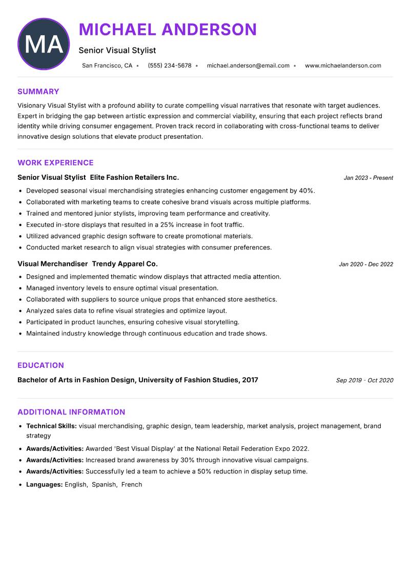 Visual Stylist resume example