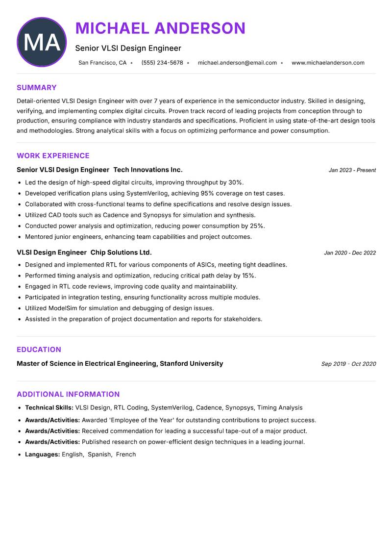 VLSI Design Engineer resume example