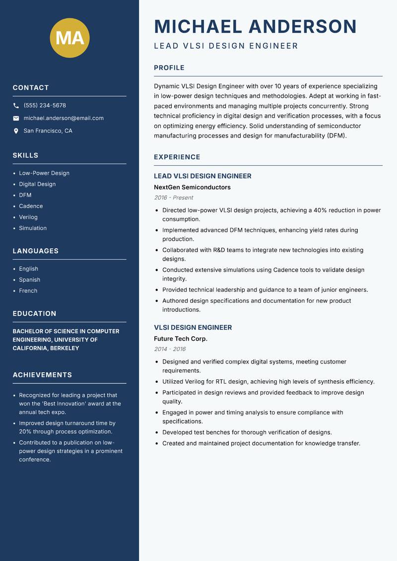 VLSI Design Engineer resume sample — Lead VLSI Design Engineer focus
