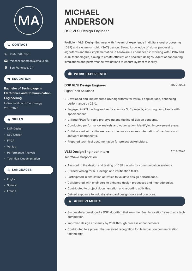VLSI Design Engineer resume sample — DSP VLSI Design Engineer focus