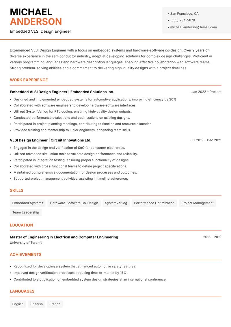 VLSI Design Engineer resume sample — Embedded VLSI Design Engineer focus