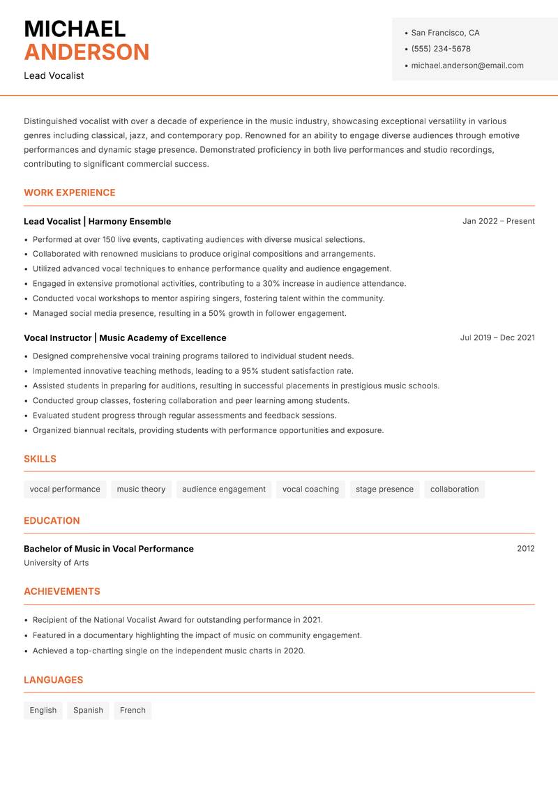 Vocalist resume sample — Lead Vocalist focus