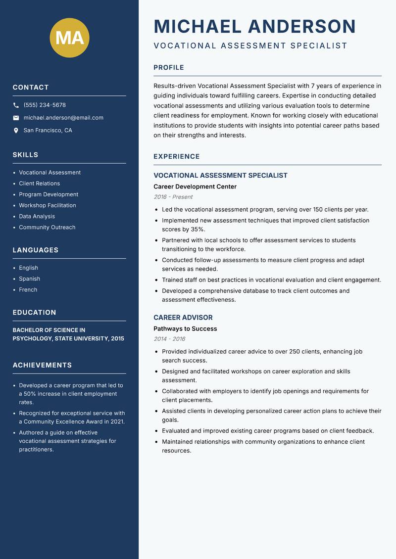 Vocational Assessment Specialist resume sample — Vocational Assessment Specialist focus