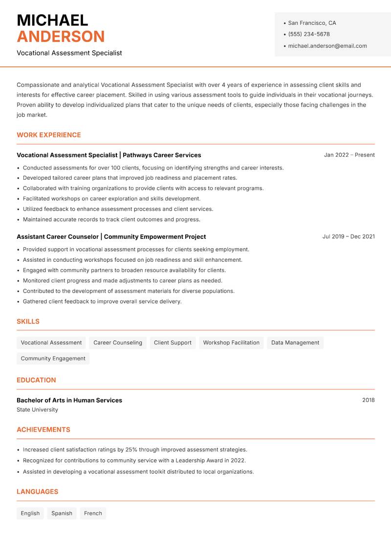 Vocational Assessment Specialist resume sample — Vocational Assessment Specialist focus