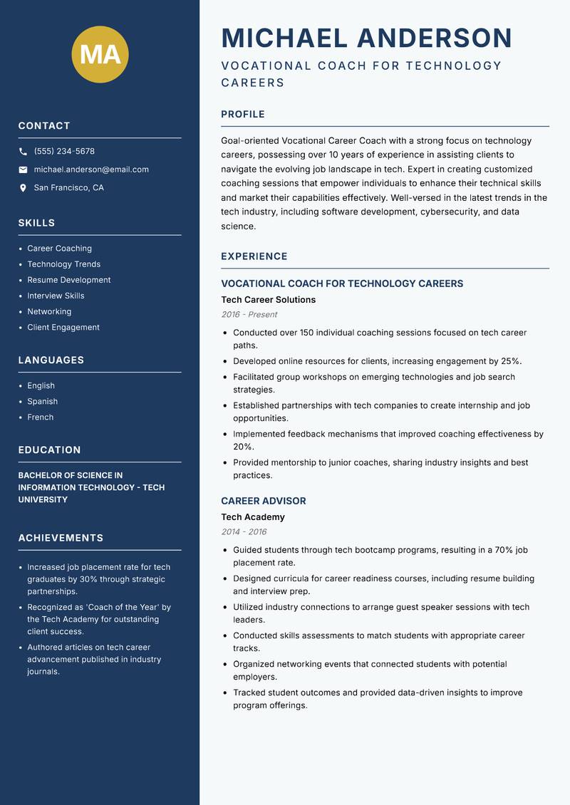 Vocational Career Coach resume sample — Vocational Coach for Technology Careers focus
