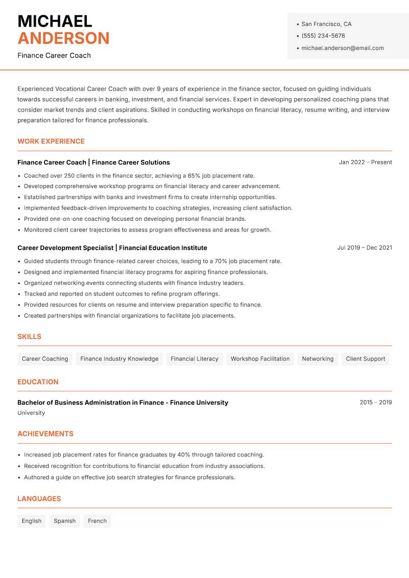 Vocational Career Coach resume sample — Finance Career Coach focus