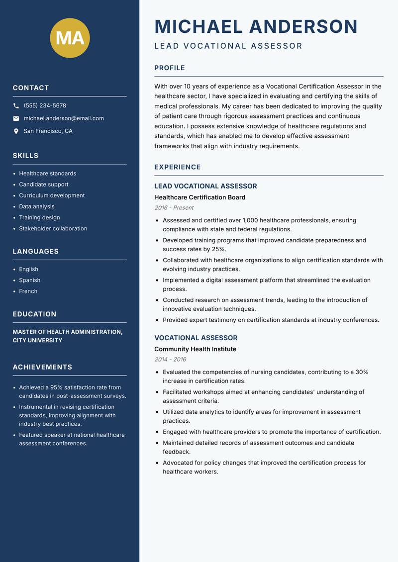 Vocational Certification Assessor resume sample — Lead Vocational Assessor focus