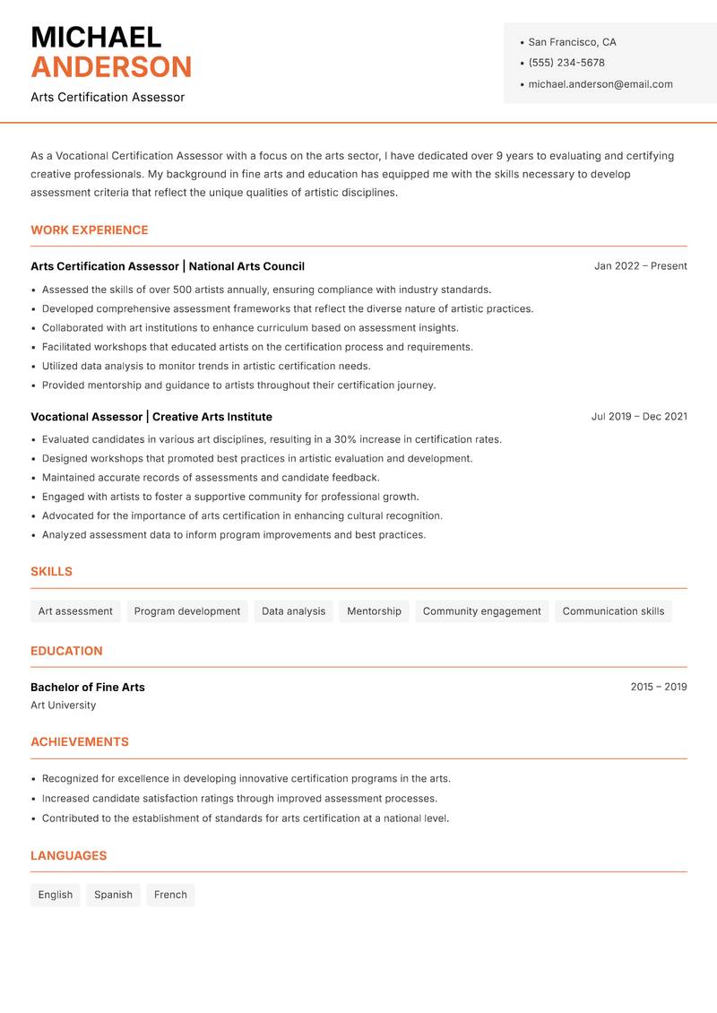 Vocational Certification Assessor resume sample — Arts Certification Assessor focus