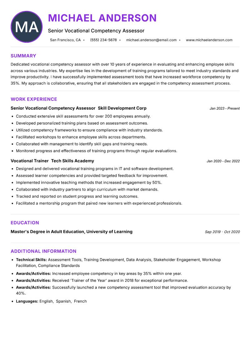Vocational Competency Assessor resume example