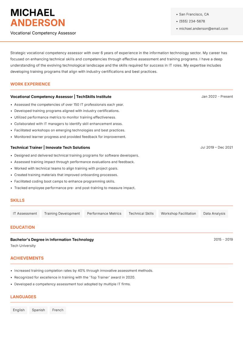 Vocational Competency Assessor resume sample — Vocational Competency Assessor focus