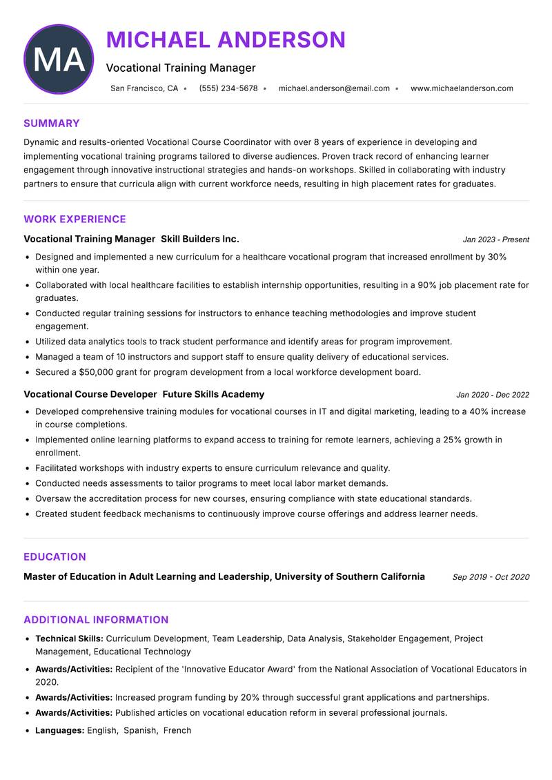 Vocational Course Coordinator resume example